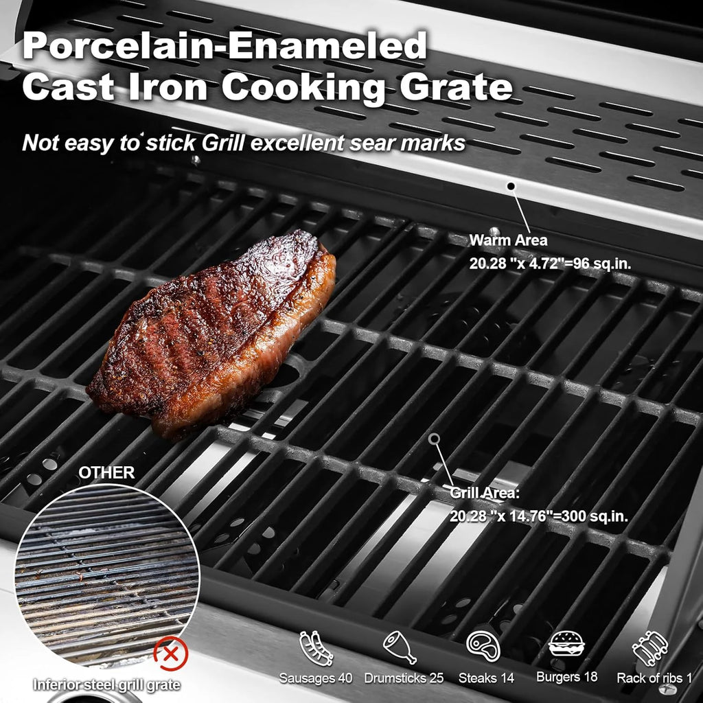 BBQ à gaz propane amélioré à 4 brûleurs avec grilles en fonte et réchaud latéral, brûleur en acier inoxydable de 44 000 BTU pour terrasse, camping et cuisine en plein air.