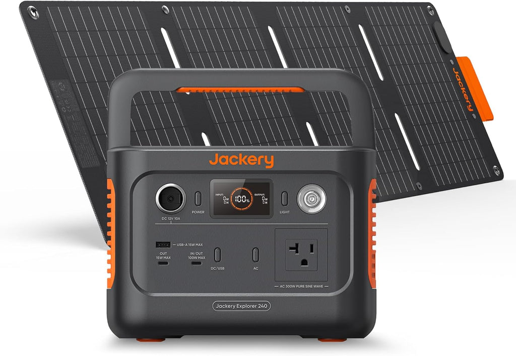Générateur solaire Jackery 240 V2 et mini panneau solaire 40 W, batterie LiFePO4 256 Wh, sortie CA 300 W et USB-C 100 W, charge solaire ultra-rapide pour le camping, les voyages et les situations d'urgence.