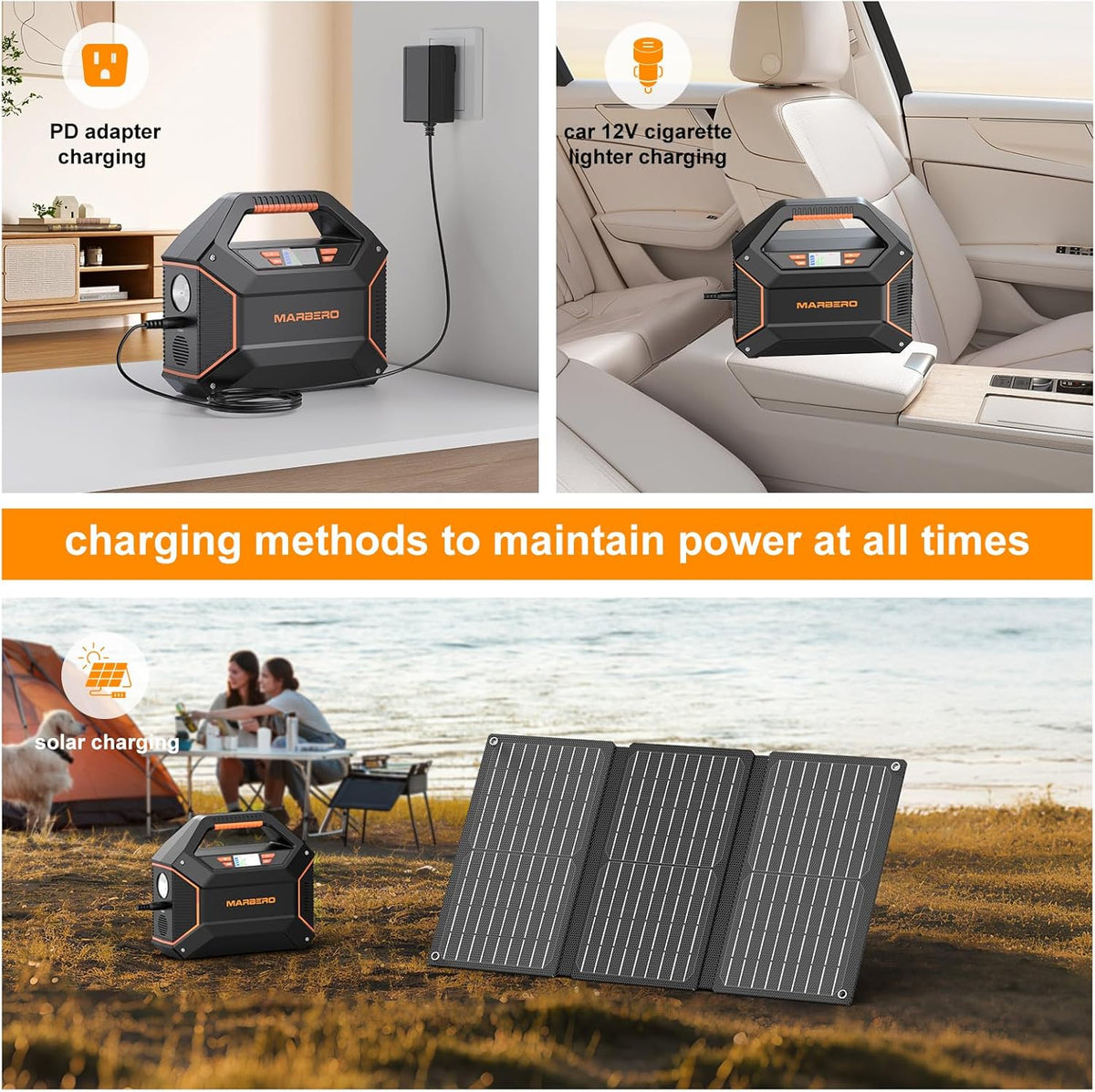 Générateur solaire MARBERO 155 Wh avec panneau solaire 30 W, station d'alimentation compact and portable, sortie multiple 100 W, lampe torche LED intégrée et câble de 2 m, ultra-léger pour le camping et les situations d'urgence en cas de panne de