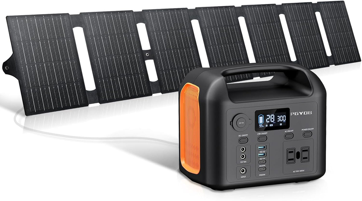 Station d'alimentation compact and portable avec panneau solaire de 55 W, batterie de secours LiFePO4 de 299 Wh, alimentation secteur sinusoïdale pure de 300 W (600 W crête), prises allume-cigare, générateur solaire QC3.0 de 60 W, batterie externe