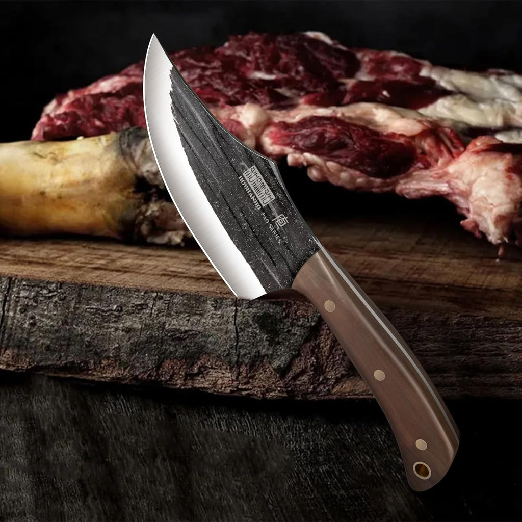 Ensemble de couteaux de boucher HOSHANHO, couteaux de chef forgés à la main avec étui de rangement, hachoir à viande tranchant, couteaux à os et couteaux à fileter pour la maison, le camping et les barbecues. Cadeau idéal pour les hommes.