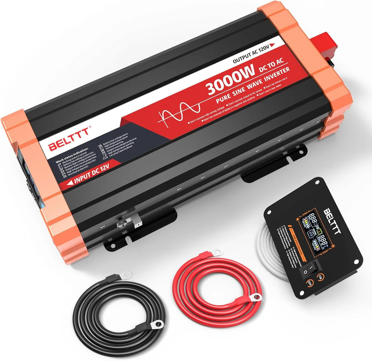 Convertisseur de puissance à onde sinusoïdale pure 2000 W pour voiture, camion, solaire, extérieur, 12 V vers 120 V CA, avec double prise CA et 20 A, port USB 5 V 2,1 A, protection contre les surtensions 4000 W, port câblé, télécommande (3000 W)