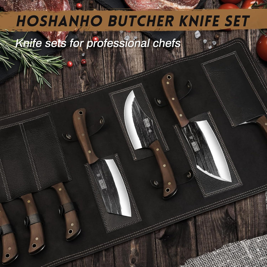 Ensemble de couteaux de boucher HOSHANHO, couteaux de chef forgés à la main avec étui de rangement, hachoir à viande tranchant, couteaux à os et couteaux à fileter pour la maison, le camping et les barbecues. Cadeau idéal pour les hommes.