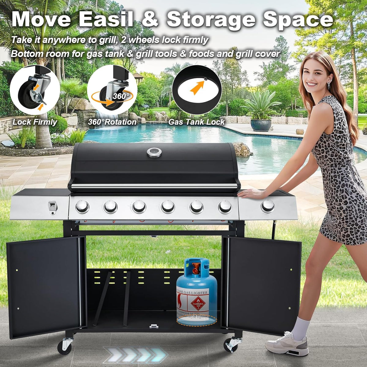 BBQ à gaz propane amélioré à 4 brûleurs avec grilles en fonte et réchaud latéral, brûleur en acier inoxydable de 44 000 BTU pour terrasse, camping et cuisine en plein air.