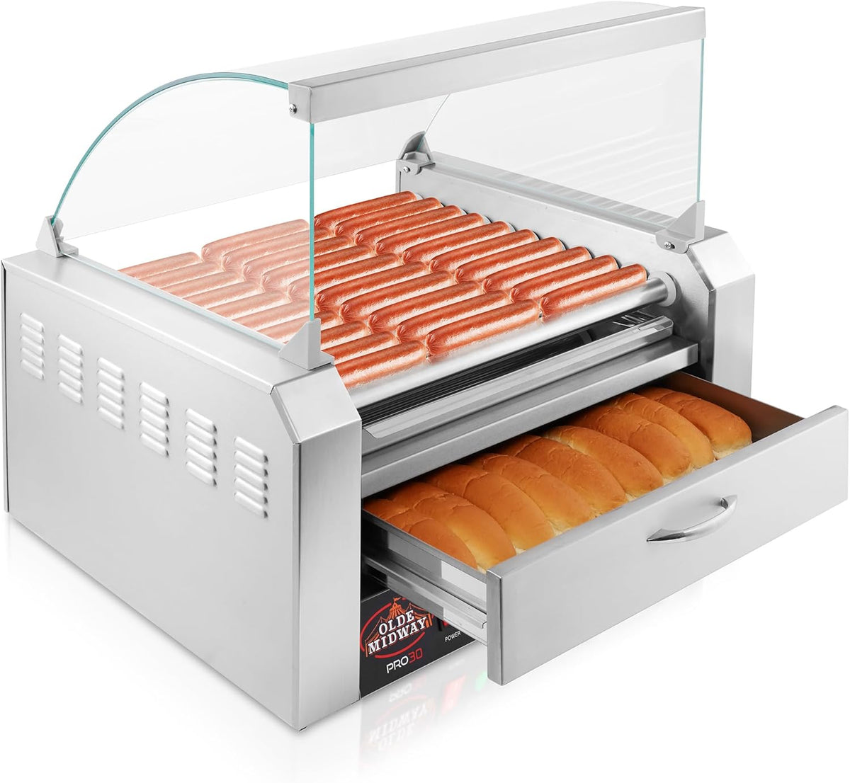 Machine à hot-dogs électrique Olde Midway 30 à 11 rouleaux avec tiroir chauffe-pains et couvercle - Qualité professionnelle, acier inoxydable