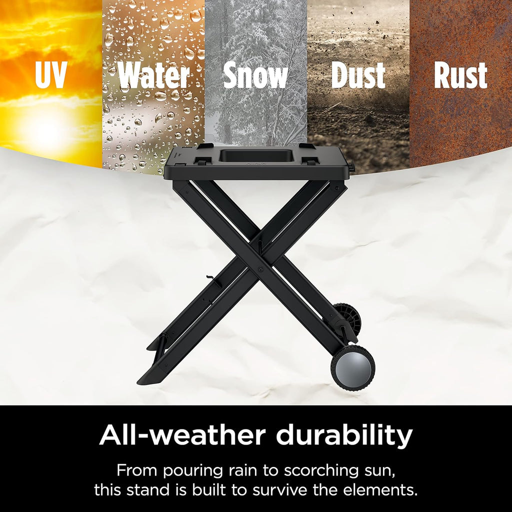 Support pliable pour BBQ à bois Ninja XSKSTAND, compatible avec les barbecues à bois Ninja (série OG700), avec porte-ustensiles latéral pliable, résistant aux intempéries et de couleur noire.
