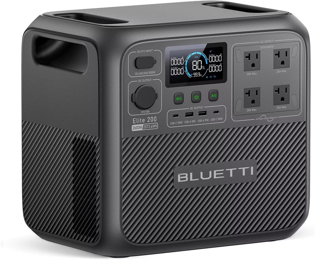 Station d'alimentation compact and portable BLUETTI Elite 200 V2 avec batterie LFP de 2073,6 Wh, 4 prises CA de 2600 W (puissance de levage de 3900 W), charge rapide de 0 à 80 % en 50 minutes, générateur solaire idéal pour le camping, les situations