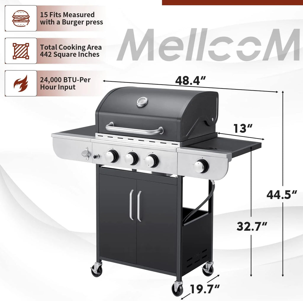 BBQ à gaz propane amélioré à 4 brûleurs avec grilles en fonte et réchaud latéral, brûleur en acier inoxydable de 44 000 BTU pour terrasse, camping et cuisine en plein air.