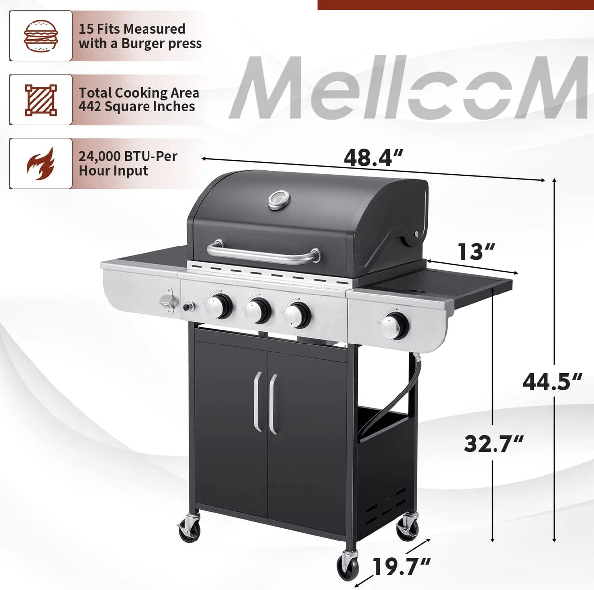 BBQ à gaz propane amélioré à 4 brûleurs avec grilles en fonte et réchaud latéral, brûleur en acier inoxydable de 44 000 BTU pour terrasse, camping et cuisine en plein air.