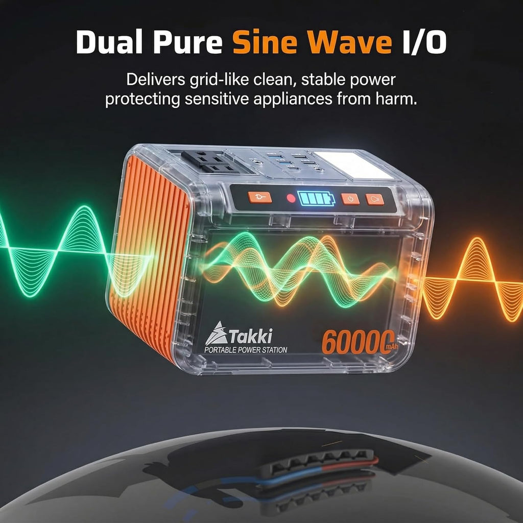 Générateur solaire compact and portable Takki 250 W avec panneaux solaires de 40 W, batterie lithium 222 Wh à onde sinusoïdale pure et prise secteur 110 V pour le camping, les appareils CPAP, la maison et les situations d'urgence en extérieur.