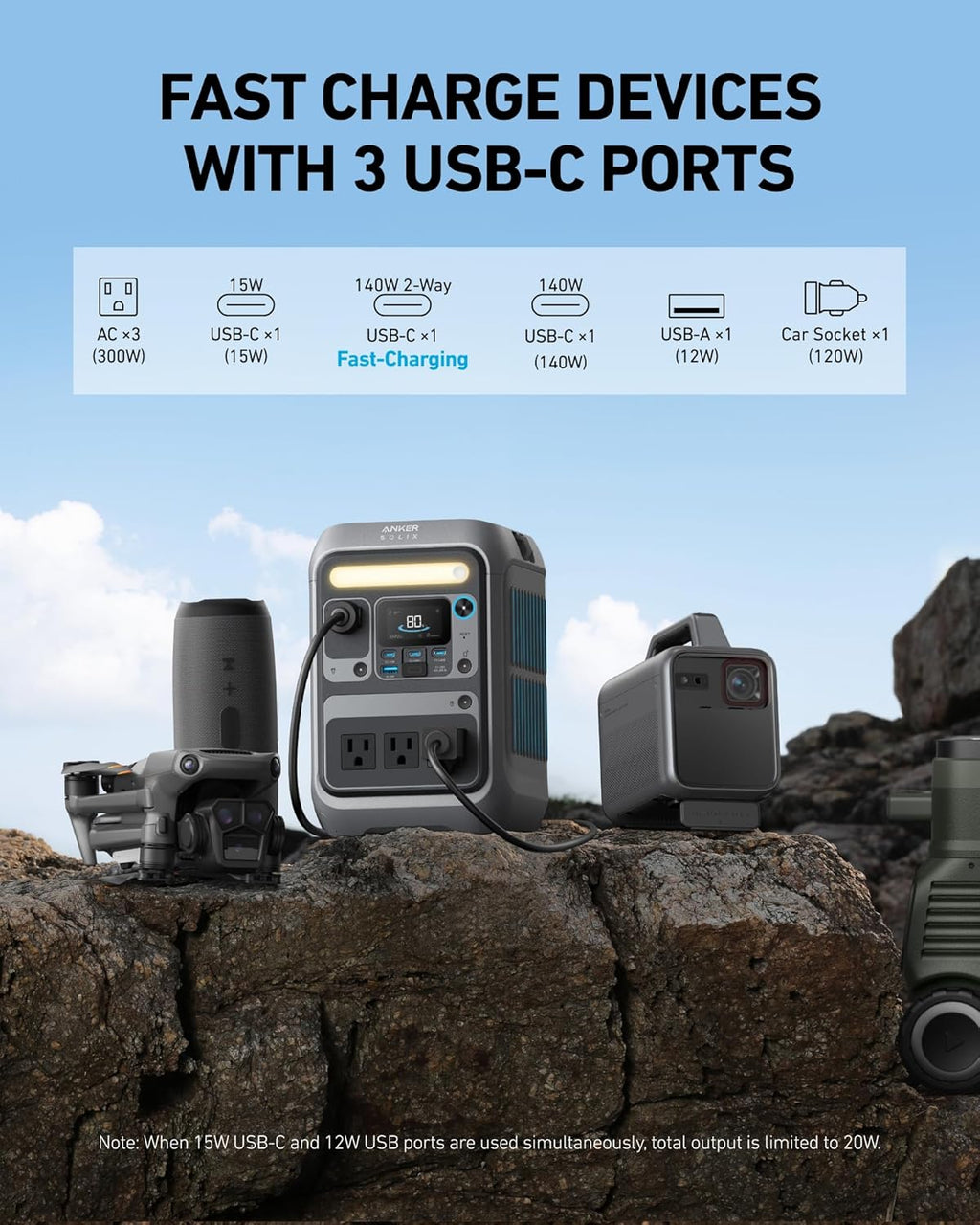Générateur solaire Anker SOLIX C300 avec panneau solaire 60 W, station d'alimentation compact and portable 288 Wh, batterie LiFePO4 300 W (600 W en crête), charge rapide bidirectionnelle 140 W pour le camping, les voyages et les situations d'urgence.