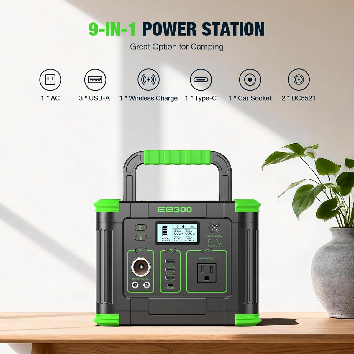 Centrale électrique compact and portable 330 W, générateur solaire 288,6 Wh avec sortie USB-C PD 60 W, prise secteur 110 V à onde sinusoïdale pure, charge sans fil 5 W, batterie lithium de secours 330 W pour le camping, les voyages, la chasse et la