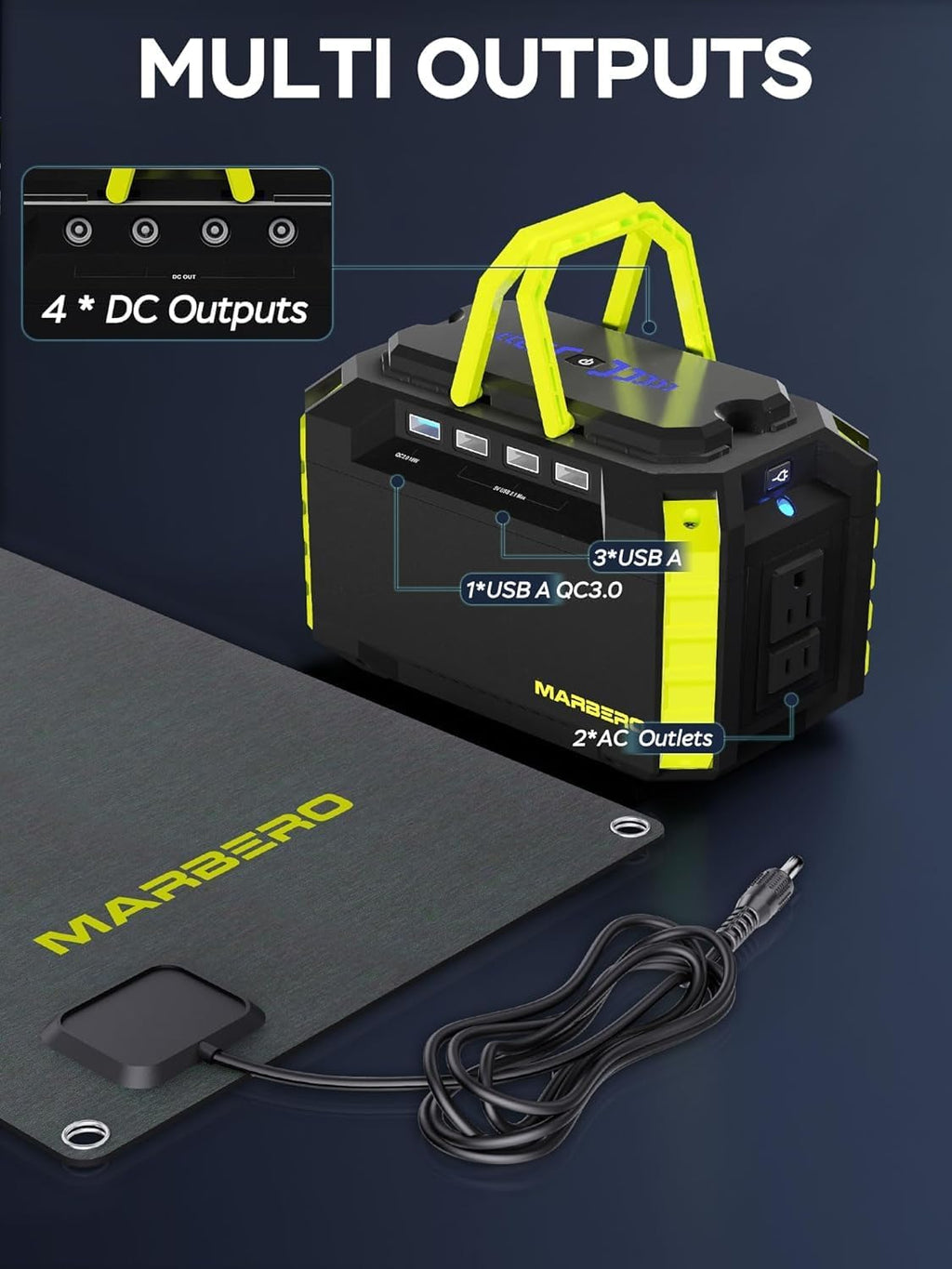Générateur solaire MARBERO 150 Wc (crête), 150 Wh, station d'alimentation compact and portable avec panneau solaire inclus, alimentation secteur avec ports USB pour camping-car, pêche et situations d'urgence.